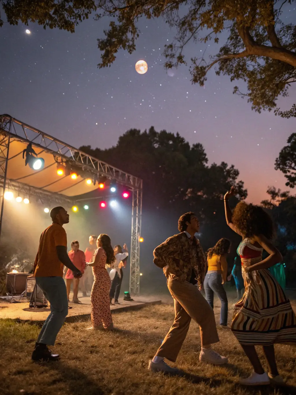 A dynamic photo of a dance party at night, with colorful lights and people dancing salsa and bachata with enthusiasm.
