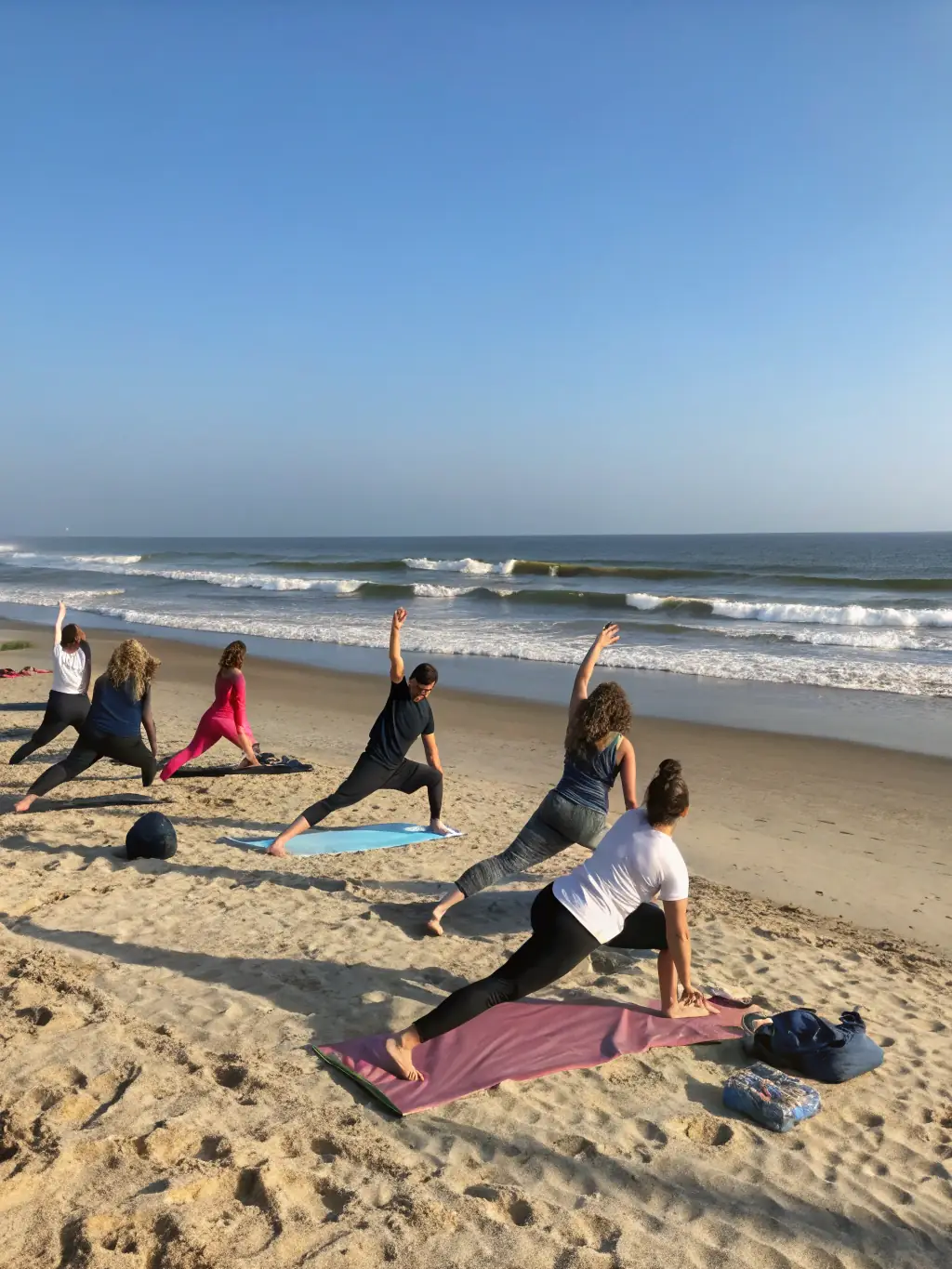 A serene photo of participants practicing yoga on the beach at sunrise in Santa Susanna, Spain, with the Mediterranean Sea in the background.