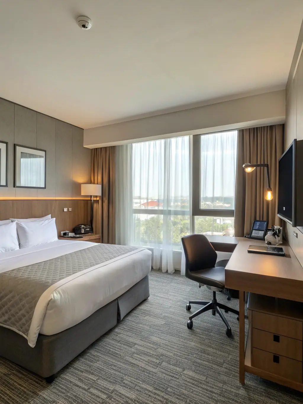 A high-quality photo of a modern, comfortable hotel room in Santa Susanna, Spain, showcasing the accommodation provided during the Dance and Holidays experience.