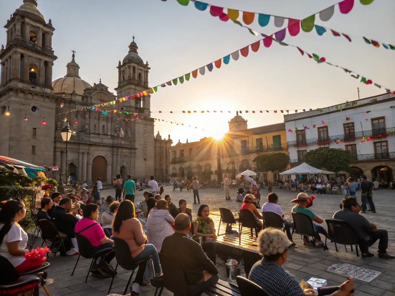 A photo capturing a group of people enjoying a vibrant evening party with music, dancing, and laughter, set against the backdrop of a Spanish town square, showcasing the 'Evening Fiesta' activity.