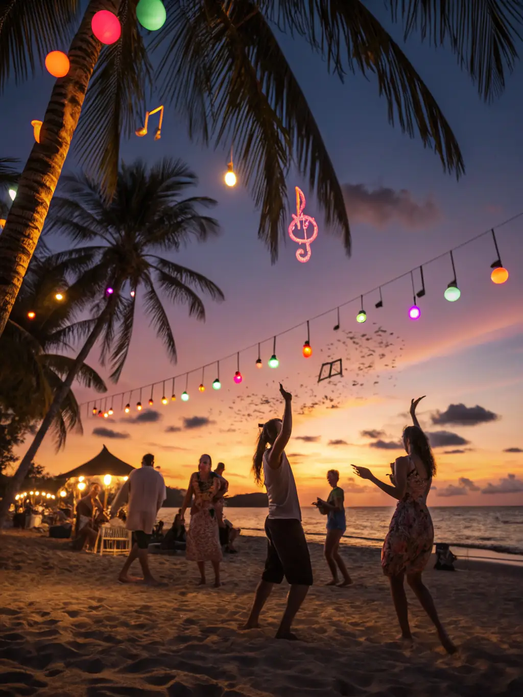 A lively photo of a beach party at sunset, with participants dancing and enjoying music on the sandy shores of Lloret de Mar.
