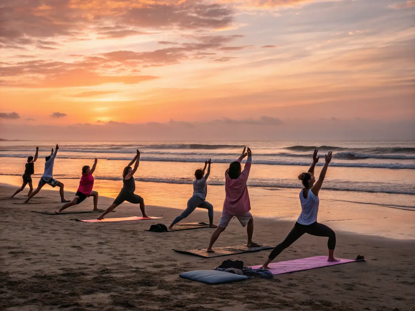 A photo depicting a group of people participating in a morning yoga session on the beach, with the sunrise in the background, illustrating the 'Morning Bliss' activity.