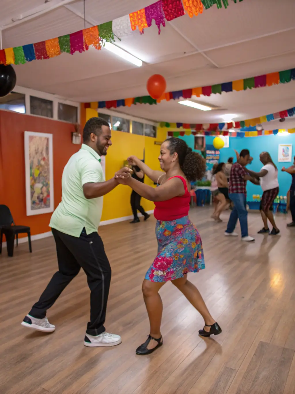 A dynamic shot of a salsa dance class in progress, with participants laughing and learning new moves in a vibrant studio setting.